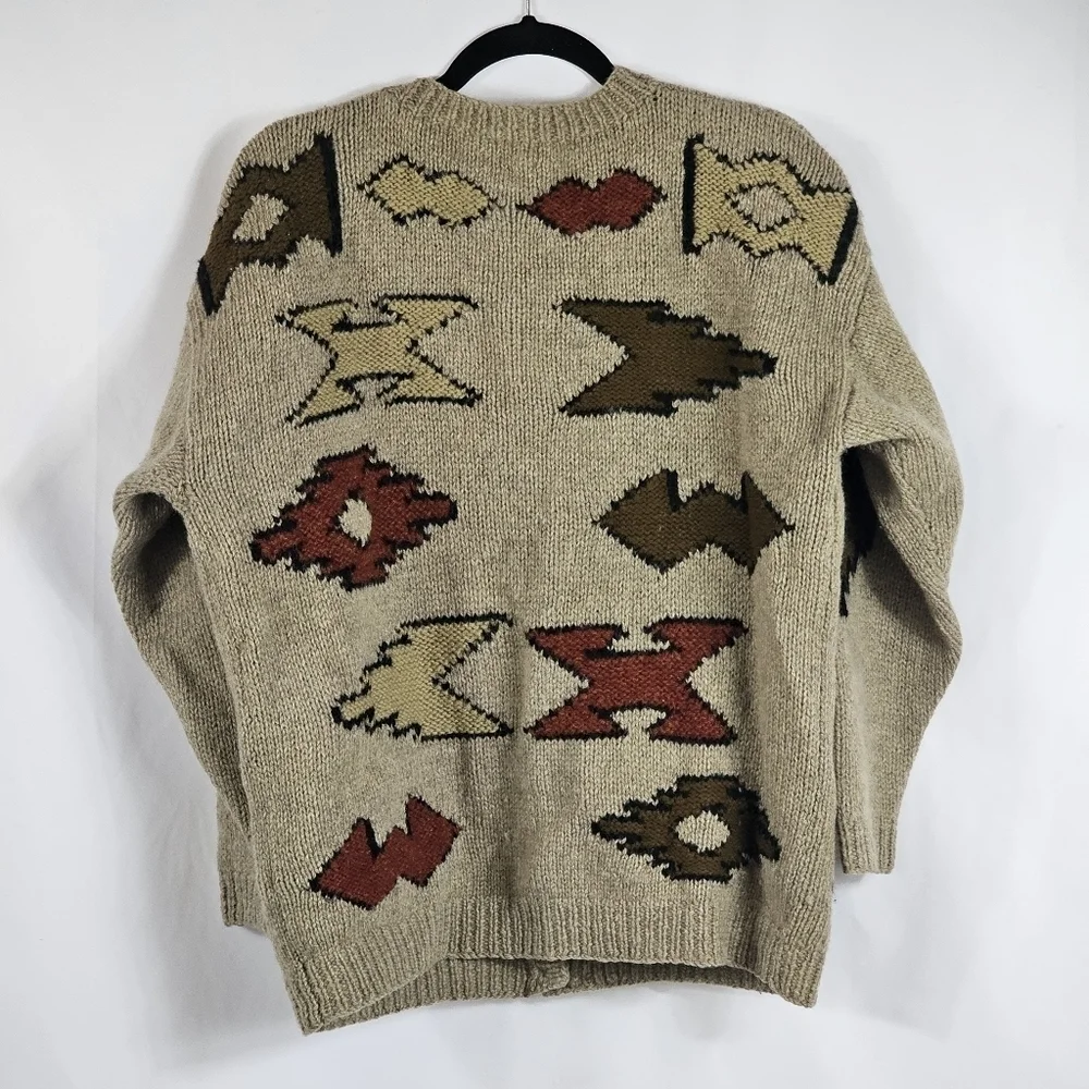 Vtg Jayson Younger Womens Wool Aztec Cardigan Sz L Tan Apron Pockets Art to Wear - Picture 2 of 10